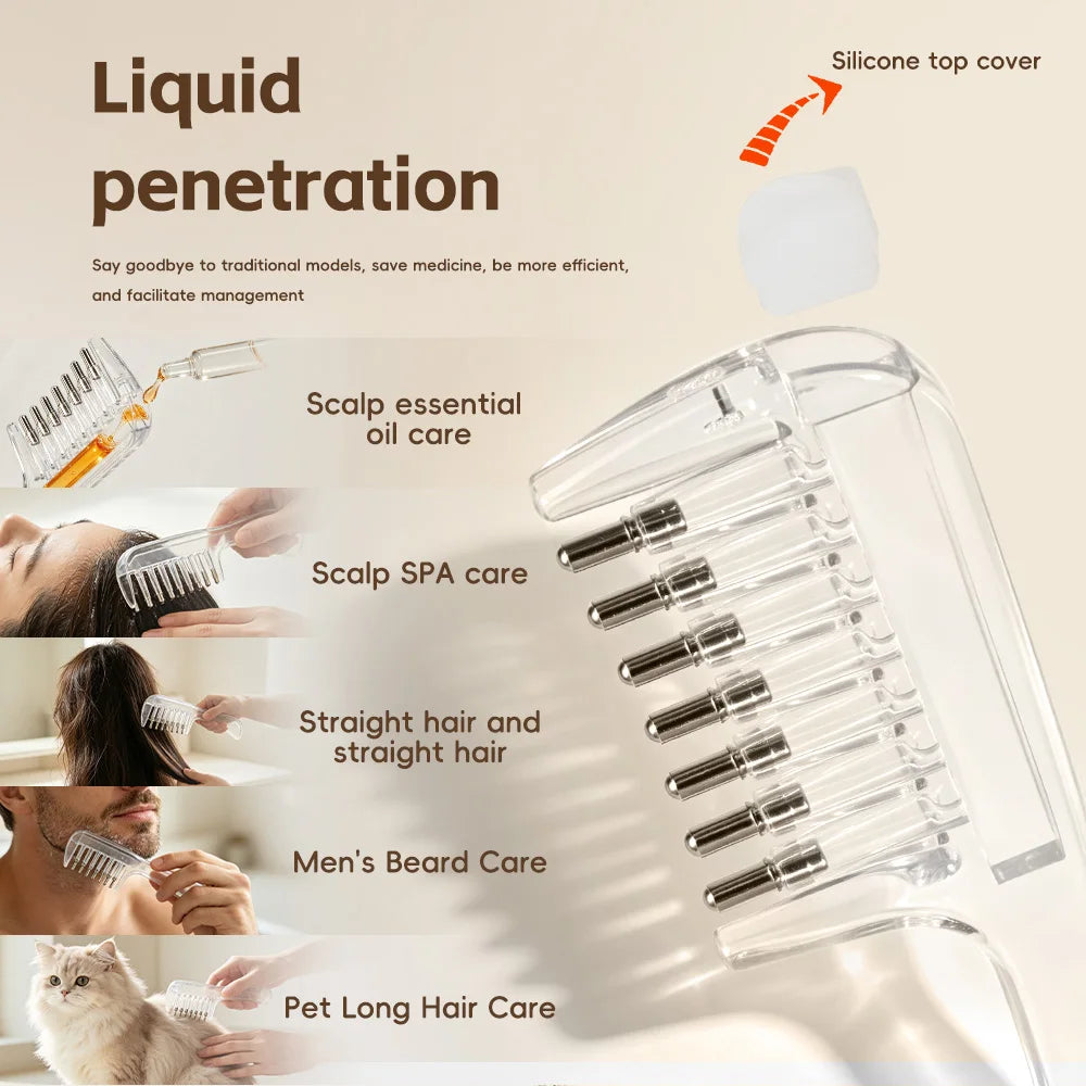 Unisex Transparent Essential Oil Applicator Massage Comb with Built-In Liquid Reservoir, Rolling Metal Teeth, Suitable for Women's Scalp Hair Growth and Men's Beard Oil Application, Home Salon Hair Care and Grooming Tool