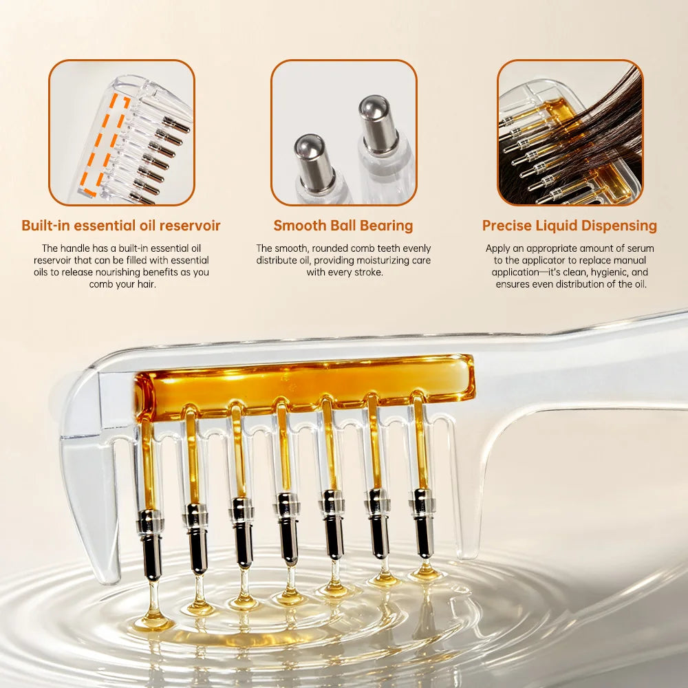 Unisex Transparent Essential Oil Applicator Massage Comb with Built-In Liquid Reservoir, Rolling Metal Teeth, Suitable for Women's Scalp Hair Growth and Men's Beard Oil Application, Home Salon Hair Care and Grooming Tool