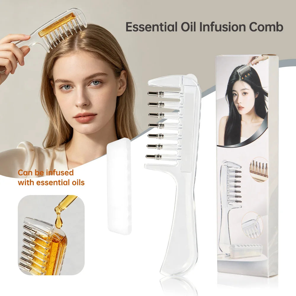 Unisex Transparent Essential Oil Applicator Massage Comb with Built-In Liquid Reservoir, Rolling Metal Teeth, Suitable for Women's Scalp Hair Growth and Men's Beard Oil Application, Home Salon Hair Care and Grooming Tool