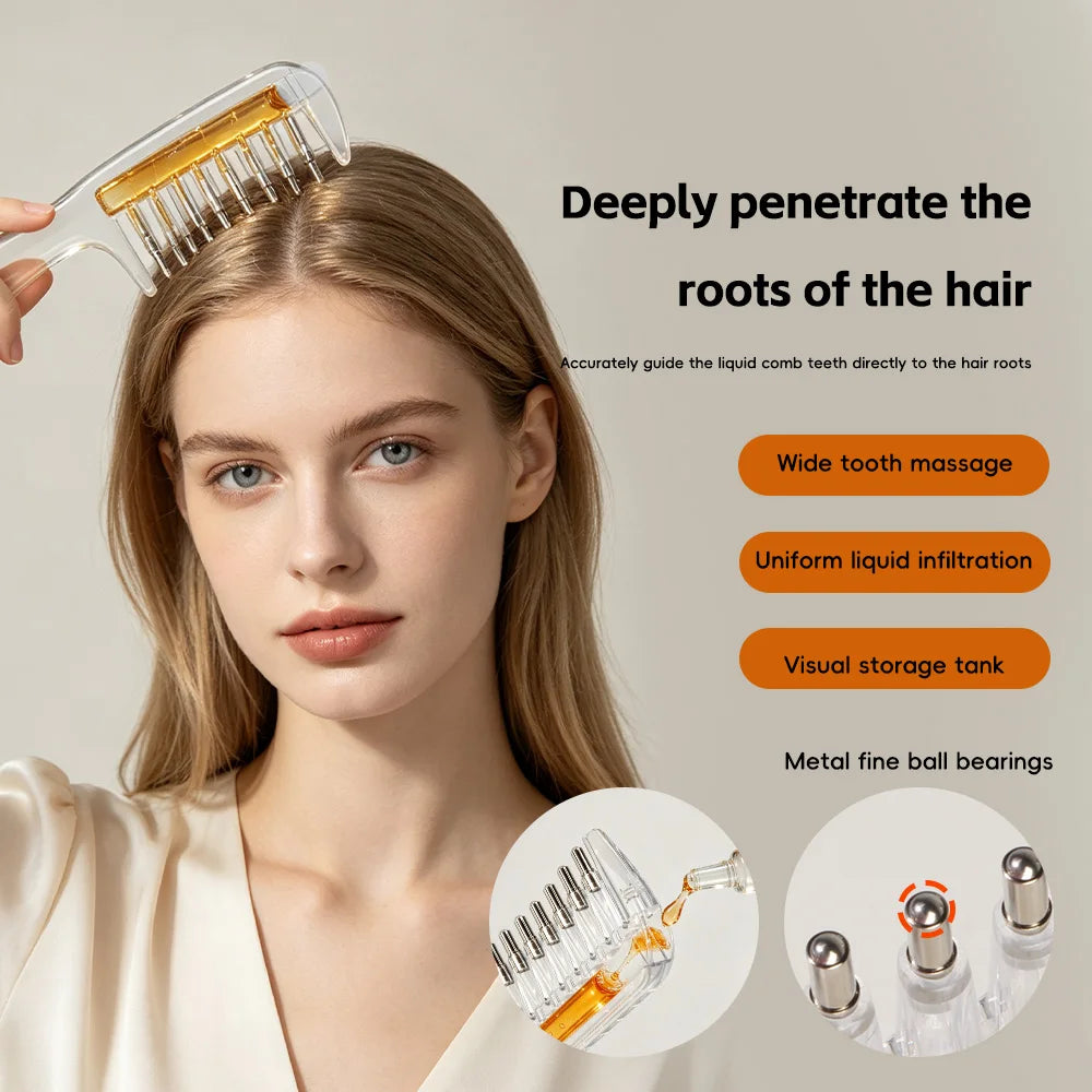 Unisex Transparent Essential Oil Applicator Massage Comb with Built-In Liquid Reservoir, Rolling Metal Teeth, Suitable for Women's Scalp Hair Growth and Men's Beard Oil Application, Home Salon Hair Care and Grooming Tool
